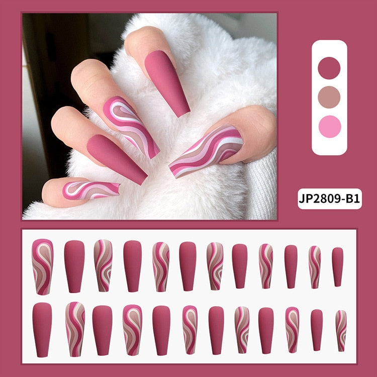 Glossy Pink Wearable Nail Art Blue Rhinestone Extra Long Ballet Detachable Finished False Nails Press on Nails with Glue