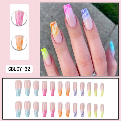 Glossy Pink Wearable Nail Art Blue Rhinestone Extra Long Ballet Detachable Finished False Nails Press on Nails with Glue