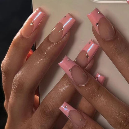 Glossy Pink Wearable Nail Art Blue Rhinestone Extra Long Ballet Detachable Finished False Nails Press on Nails with Glue