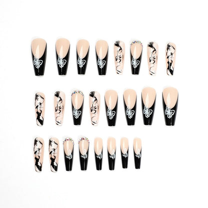 Glossy Pink Wearable Nail Art Blue Rhinestone Extra Long Ballet Detachable Finished False Nails Press on Nails with Glue