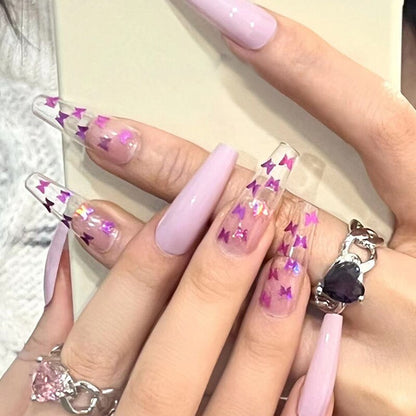 Glossy Pink Wearable Nail Art Blue Rhinestone Extra Long Ballet Detachable Finished False Nails Press on Nails with Glue