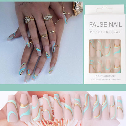 Glossy Pink Wearable Nail Art Blue Rhinestone Extra Long Ballet Detachable Finished False Nails Press on Nails with Glue