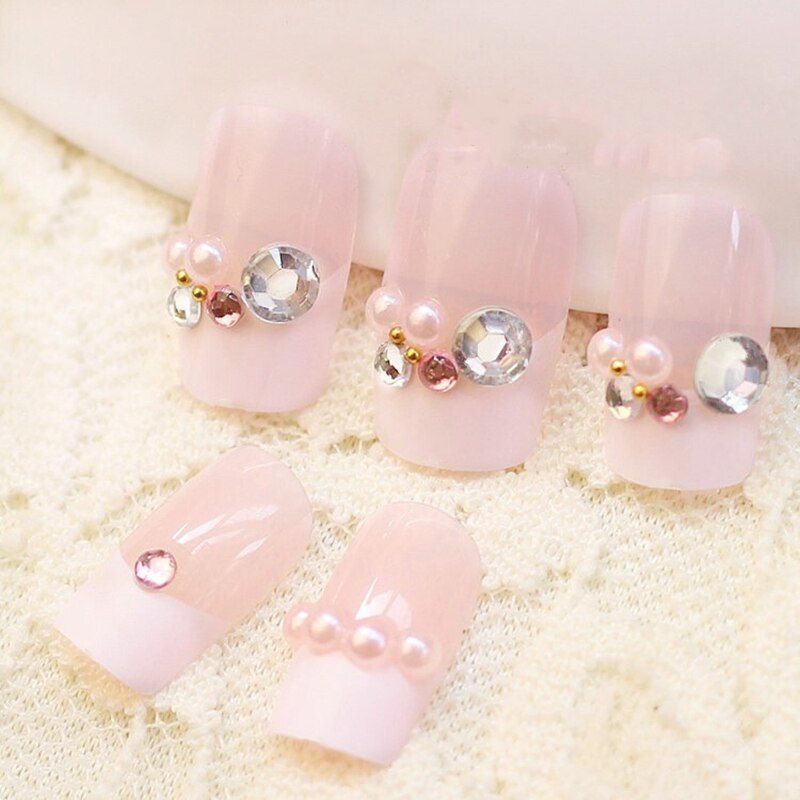 24pcs False Nails Floral Beads Decorated Artificial Nail Tips Bride Reusable Fingernails Fake Nail Press On Nail накладные ногти