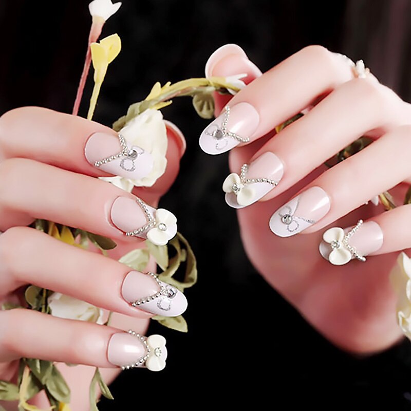 24pcs False Nails Floral Beads Decorated Artificial Nail Tips Bride Reusable Fingernails Fake Nail Press On Nail накладные ногти