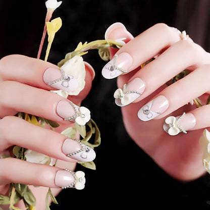 24pcs False Nails Floral Beads Decorated Artificial Nail Tips Bride Reusable Fingernails Fake Nail Press On Nail накладные ногти