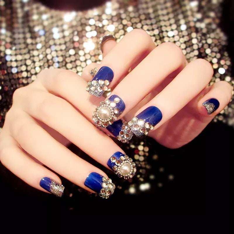 24pcs False Nails Floral Beads Decorated Artificial Nail Tips Bride Reusable Fingernails Fake Nail Press On Nail накладные ногти