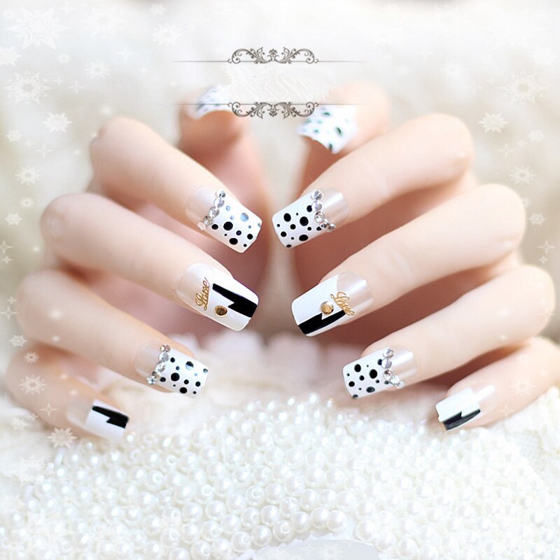 24pcs False Nails Floral Beads Decorated Artificial Nail Tips Bride Reusable Fingernails Fake Nail Press On Nail накладные ногти