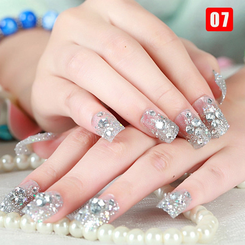 24pcs False Nails Floral Beads Decorated Artificial Nail Tips Bride Reusable Fingernails Fake Nail Press On Nail накладные ногти