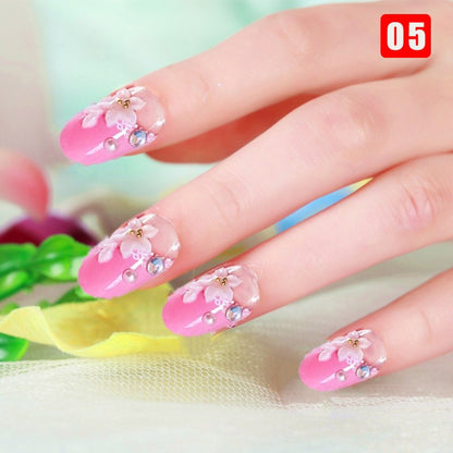 24pcs False Nails Floral Beads Decorated Artificial Nail Tips Bride Reusable Fingernails Fake Nail Press On Nail накладные ногти