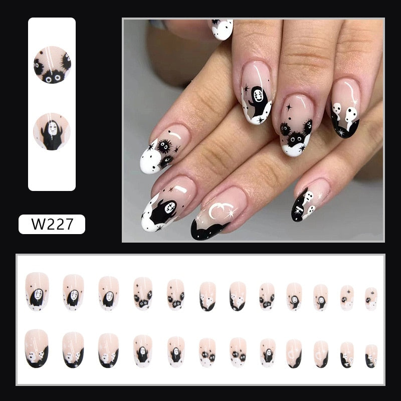 Halloween Press on Fake Nail Set Art Black French Tip Full Cover Coffin Acrylic Short Press-on Pressure False Nails Tips 24pcs