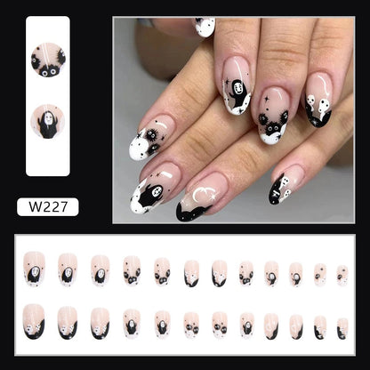 Halloween Press on Fake Nail Set Art Black French Tip Full Cover Coffin Acrylic Short Press-on Pressure False Nails Tips 24pcs