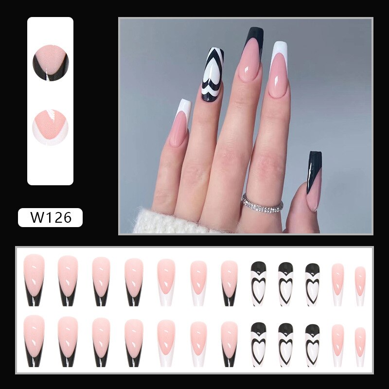 Halloween Press on Fake Nail Set Art Black French Tip Full Cover Coffin Acrylic Short Press-on Pressure False Nails Tips 24pcs