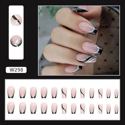 Halloween Press on Fake Nail Set Art Black French Tip Full Cover Coffin Acrylic Short Press-on Pressure False Nails Tips 24pcs