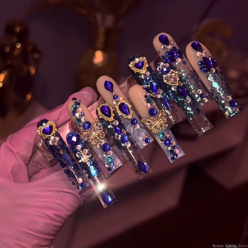 Handmade Luxury 3XL Full Cover False Nail Tips Glittery Rhinestone Press On Nails Y2K Reusable XXL XL Long Fake Nail With Glue