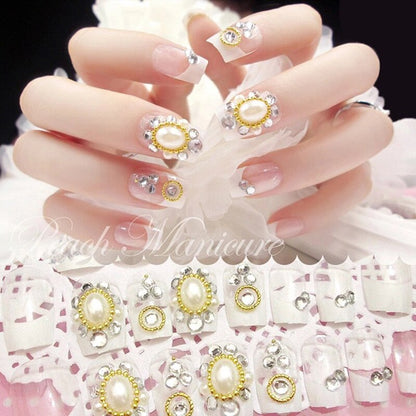 24pcs False Nails Floral Beads Decorated Artificial Nail Tips Bride Reusable Fingernails Fake Nail Press On Nail накладные ногти