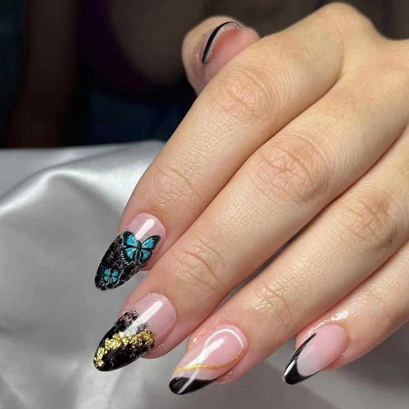 Kawaii Barbie Handmade Nails Almond False Nails Long Stiletto Fake Nails with Flame Design Wearable Press on Nails Full Cover Nail Tips Manicure Tools