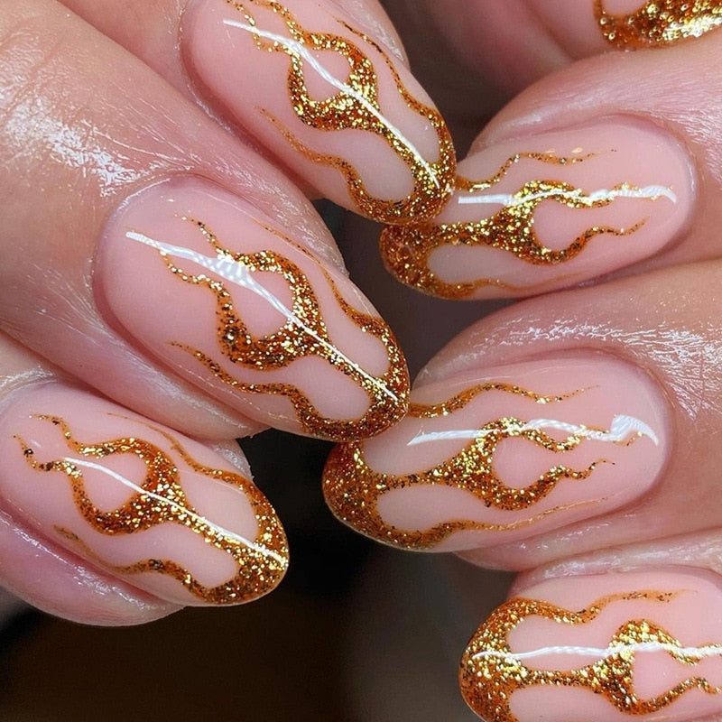 Kawaii Barbie Handmade Nails Almond False Nails Long Stiletto Fake Nails with Flame Design Wearable Press on Nails Full Cover Nail Tips Manicure Tools