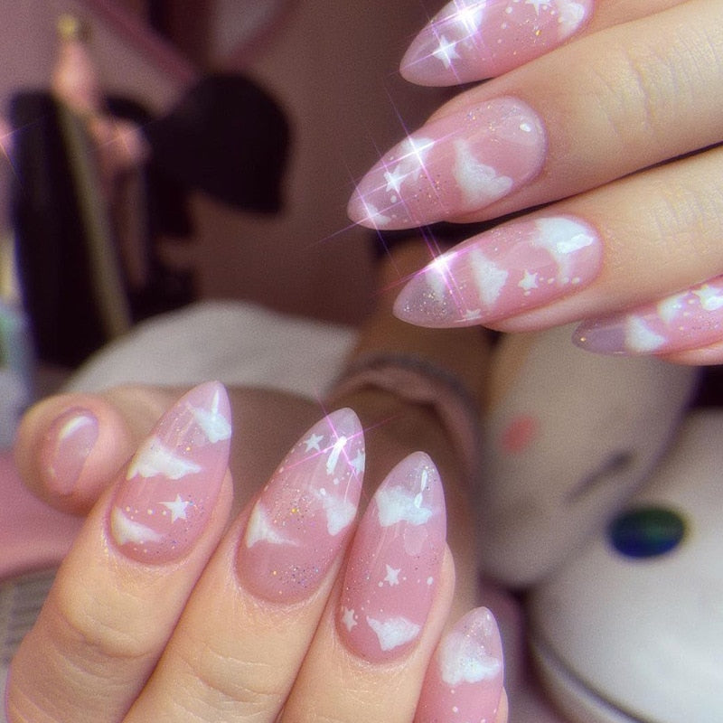 Kawaii Barbie Handmade Nails Almond False Nails Long Stiletto Fake Nails with Flame Design Wearable Press on Nails Full Cover Nail Tips Manicure Tools