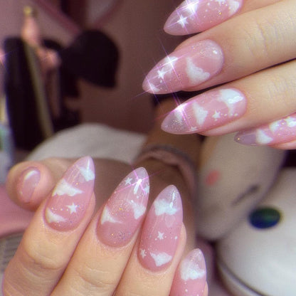 Kawaii Barbie Handmade Nails Almond False Nails Long Stiletto Fake Nails with Flame Design Wearable Press on Nails Full Cover Nail Tips Manicure Tools