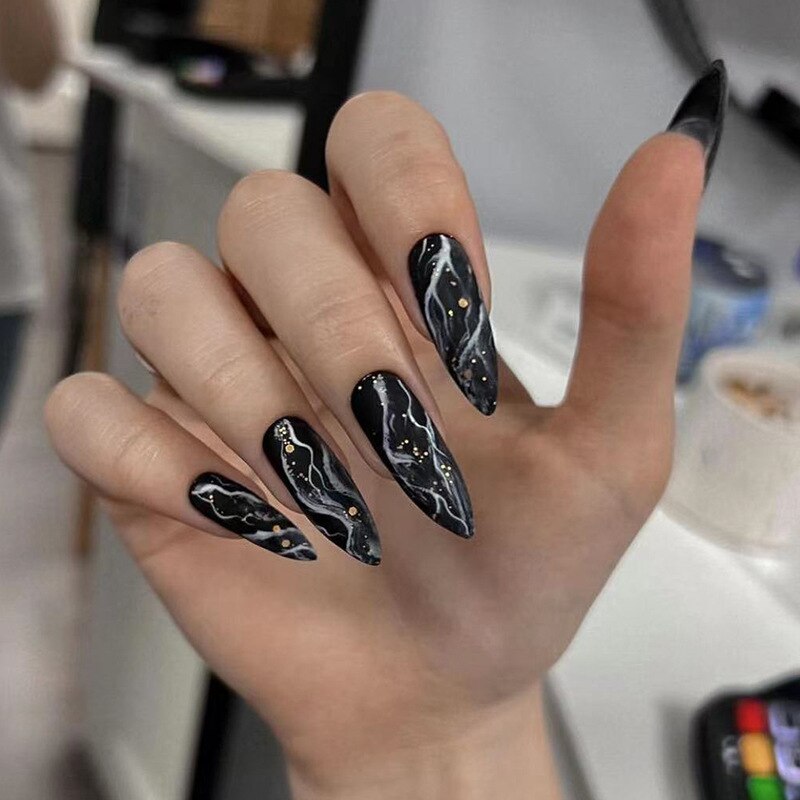 Kawaii Barbie Handmade Nails Almond False Nails Long Stiletto Fake Nails with Flame Design Wearable Press on Nails Full Cover Nail Tips Manicure Tools