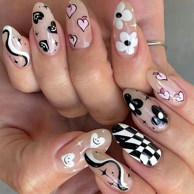 Kawaii Barbie Handmade Nails Almond False Nails Long Stiletto Fake Nails with Flame Design Wearable Press on Nails Full Cover Nail Tips Manicure Tools