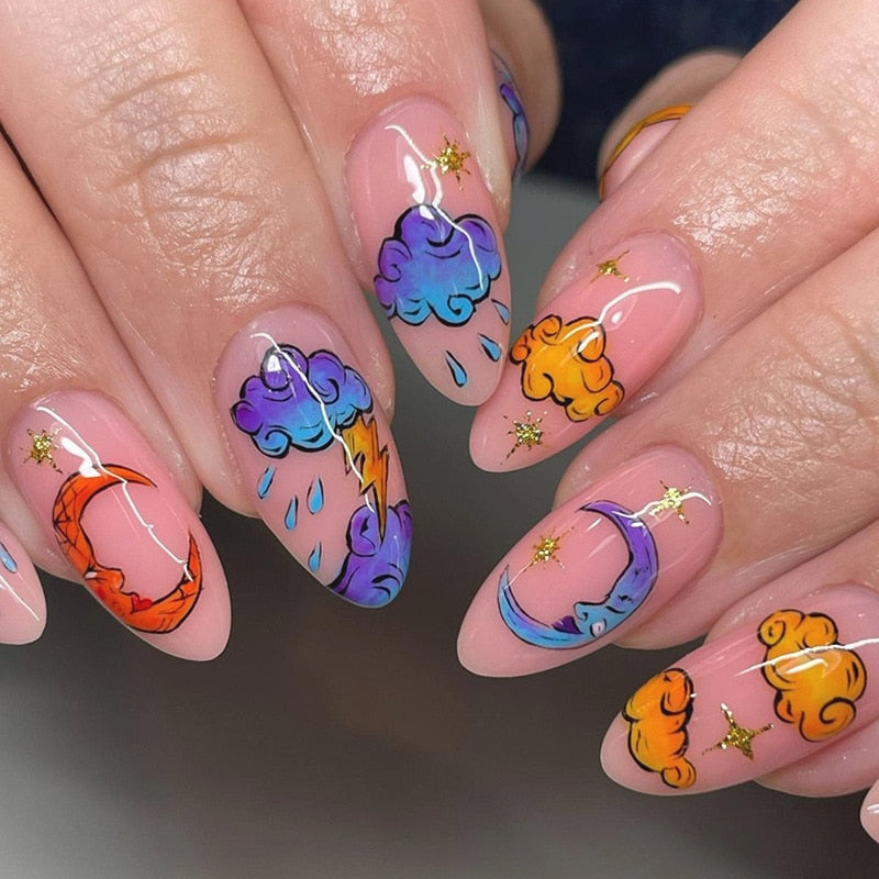 Kawaii Barbie Handmade Nails Almond False Nails Long Stiletto Fake Nails with Flame Design Wearable Press on Nails Full Cover Nail Tips Manicure Tools