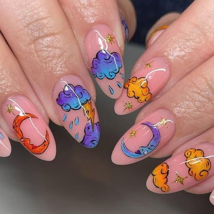 Kawaii Barbie Handmade Nails Almond False Nails Long Stiletto Fake Nails with Flame Design Wearable Press on Nails Full Cover Nail Tips Manicure Tools