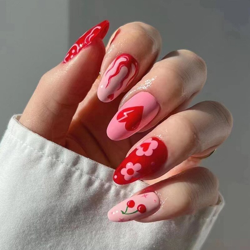 Kawaii Barbie Handmade Nails Almond False Nails Long Stiletto Fake Nails with Flame Design Wearable Press on Nails Full Cover Nail Tips Manicure Tools