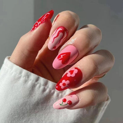 Kawaii Barbie Handmade Nails Almond False Nails Long Stiletto Fake Nails with Flame Design Wearable Press on Nails Full Cover Nail Tips Manicure Tools