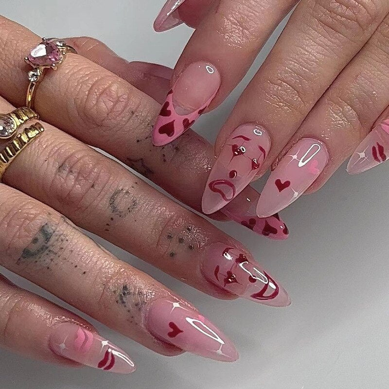 Kawaii Barbie Handmade Nails Almond False Nails Long Stiletto Fake Nails with Flame Design Wearable Press on Nails Full Cover Nail Tips Manicure Tools