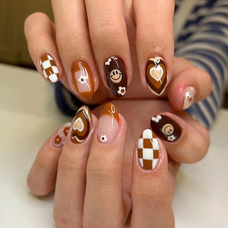 Kawaii Barbie Handmade Nails Almond False Nails Long Stiletto Fake Nails with Flame Design Wearable Press on Nails Full Cover Nail Tips Manicure Tools
