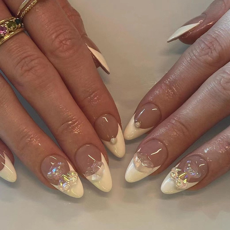 Kawaii Barbie Handmade Nails Almond False Nails Long Stiletto Fake Nails with Flame Design Wearable Press on Nails Full Cover Nail Tips Manicure Tools