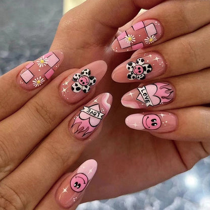 Kawaii Barbie Handmade Nails Almond False Nails Long Stiletto Fake Nails with Flame Design Wearable Press on Nails Full Cover Nail Tips Manicure Tools