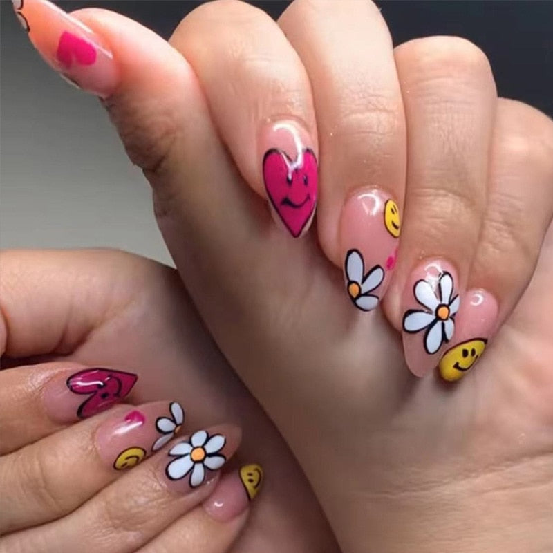 Kawaii Barbie Handmade Nails Almond False Nails Long Stiletto Fake Nails with Flame Design Wearable Press on Nails Full Cover Nail Tips Manicure Tools