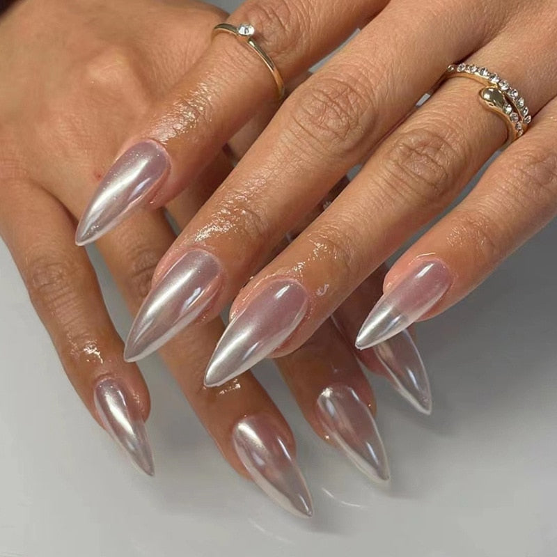 Kawaii Barbie Handmade Nails Almond False Nails Long Stiletto Fake Nails with Flame Design Wearable Press on Nails Full Cover Nail Tips Manicure Tools