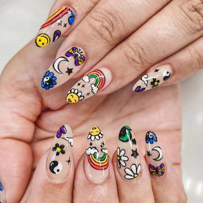 Kawaii Barbie Handmade Nails Almond False Nails Long Stiletto Fake Nails with Flame Design Wearable Press on Nails Full Cover Nail Tips Manicure Tools