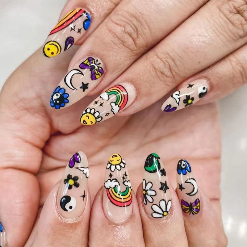 Kawaii Barbie Handmade Nails Almond False Nails Long Stiletto Fake Nails with Flame Design Wearable Press on Nails Full Cover Nail Tips Manicure Tools