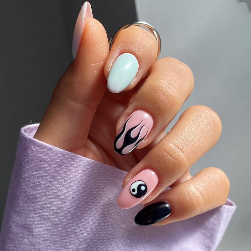 Kawaii Barbie Handmade Nails Almond False Nails Long Stiletto Fake Nails with Flame Design Wearable Press on Nails Full Cover Nail Tips Manicure Tools
