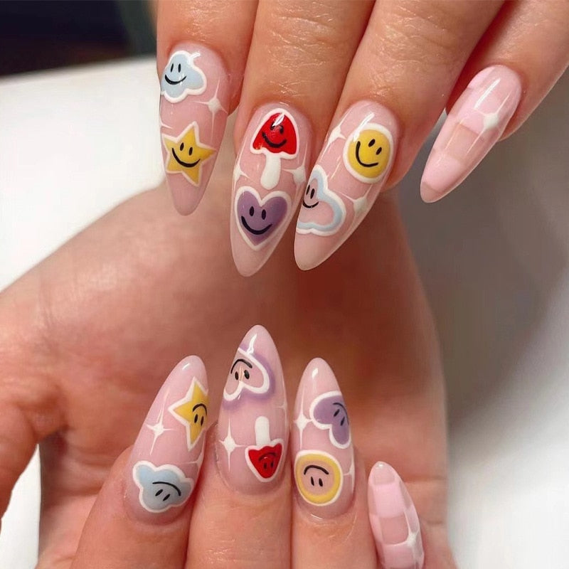 Kawaii Barbie Handmade Nails Almond False Nails Long Stiletto Fake Nails with Flame Design Wearable Press on Nails Full Cover Nail Tips Manicure Tools
