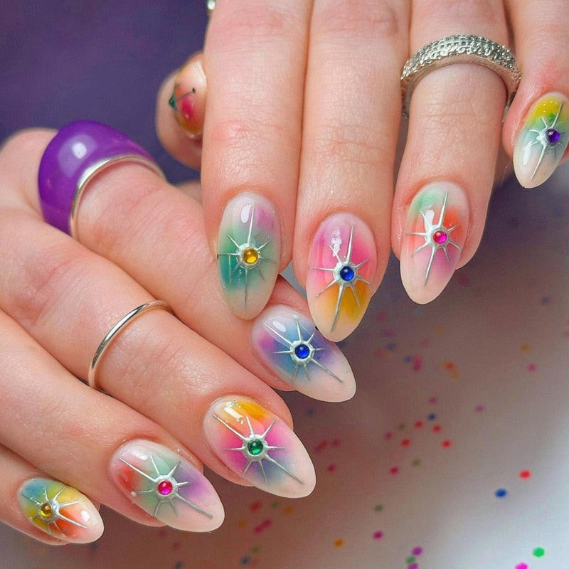 Kawaii Barbie Handmade Nails Almond False Nails Long Stiletto Fake Nails with Flame Design Wearable Press on Nails Full Cover Nail Tips Manicure Tools