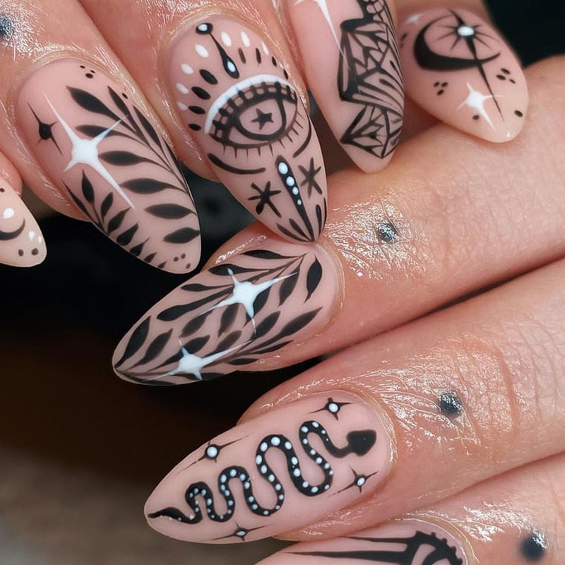 Kawaii Barbie Handmade Nails Almond False Nails Long Stiletto Fake Nails with Flame Design Wearable Press on Nails Full Cover Nail Tips Manicure Tools