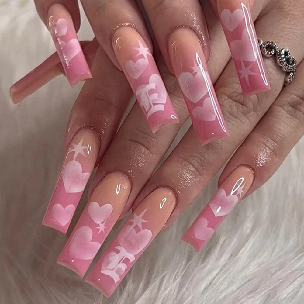 Long Pink Heart Coffin False Nails Star Shiny Pattern Design Ballerina Fake Nails Manicure Full Cover Nail Tips Press On Nails