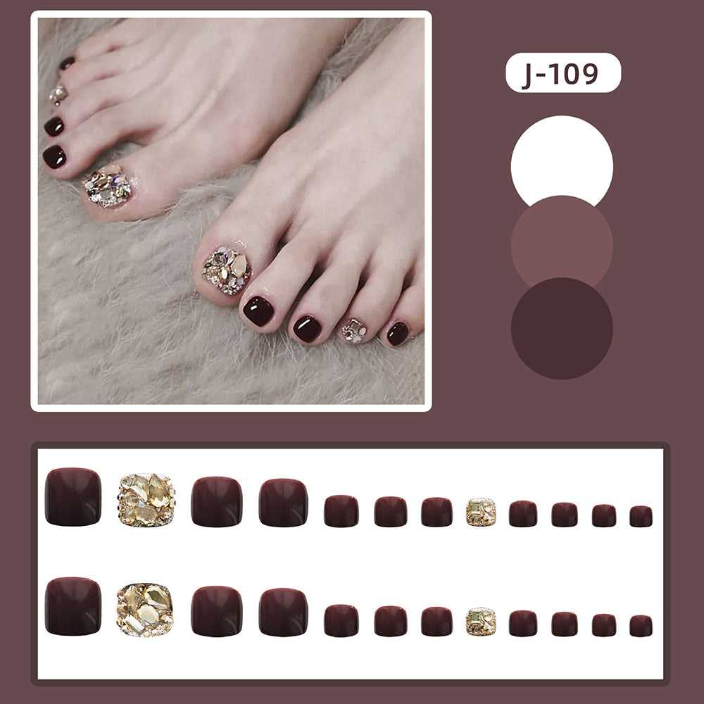 New 2022 Summer Gold Full Diamond Feet Nails Press On Fake Glitter Toe Nail Stickers Full Cover Toe Nail Tips False Foot Nails