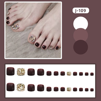 New 2022 Summer Gold Full Diamond Feet Nails Press On Fake Glitter Toe Nail Stickers Full Cover Toe Nail Tips False Foot Nails