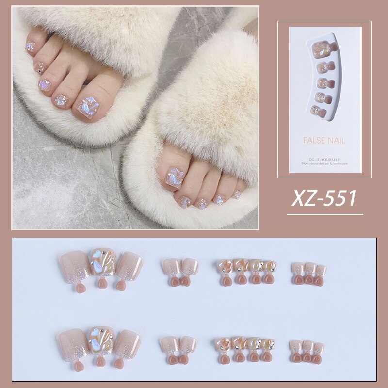 New 2022 Summer Gold Full Diamond Feet Nails Press On Fake Glitter Toe Nail Stickers Full Cover Toe Nail Tips False Foot Nails