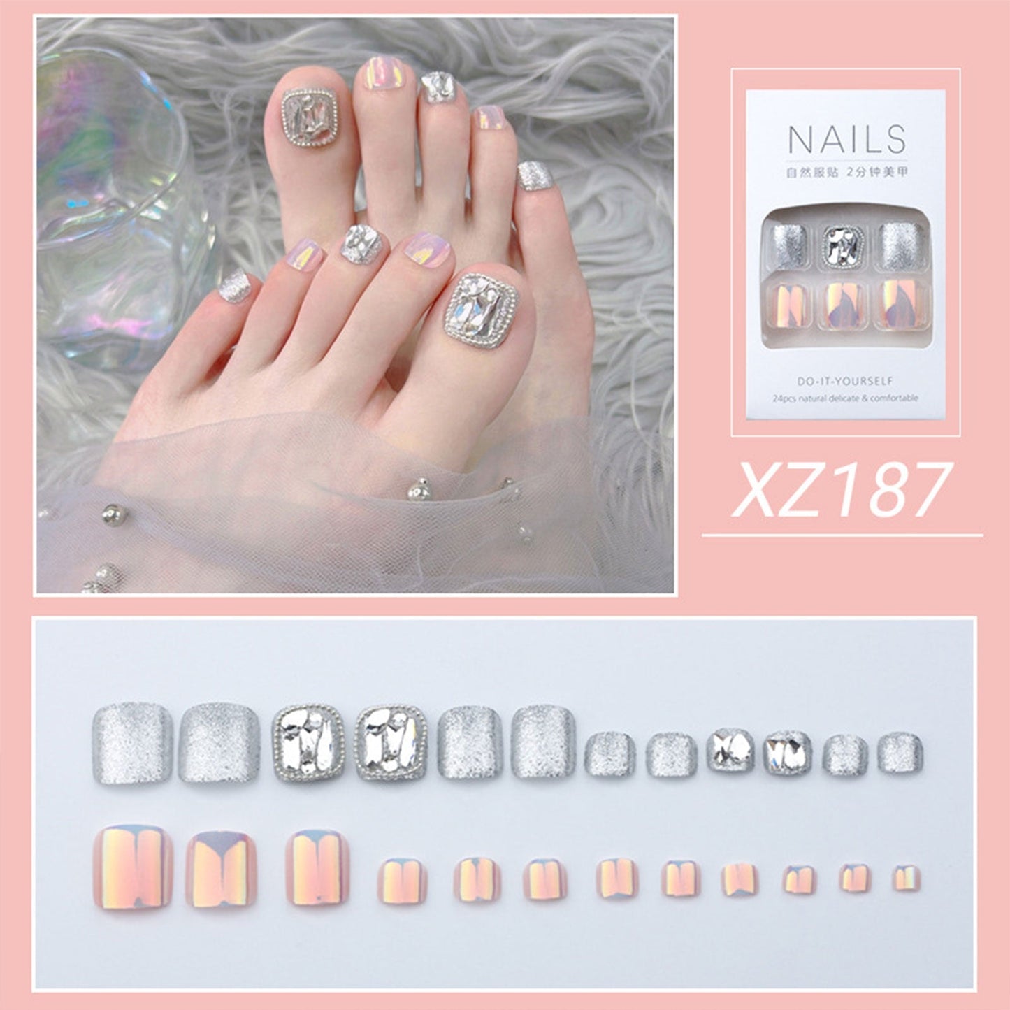 New 2022 Summer Gold Full Diamond Feet Nails Press On Fake Glitter Toe Nail Stickers Full Cover Toe Nail Tips False Foot Nails
