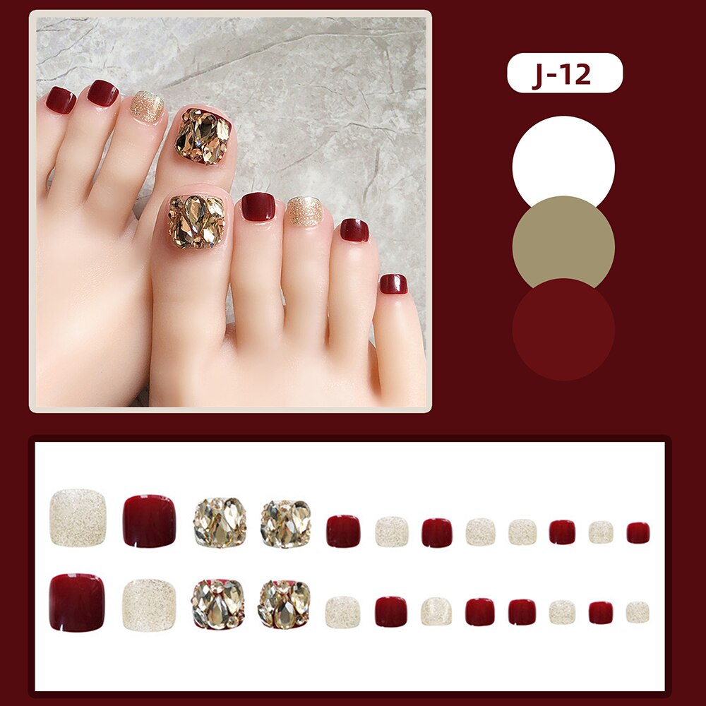 New 2022 Summer Gold Full Diamond Feet Nails Press On Fake Glitter Toe Nail Stickers Full Cover Toe Nail Tips False Foot Nails