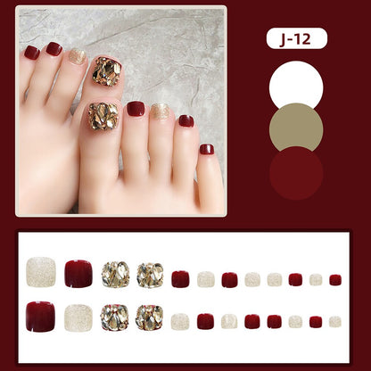 New 2022 Summer Gold Full Diamond Feet Nails Press On Fake Glitter Toe Nail Stickers Full Cover Toe Nail Tips False Foot Nails