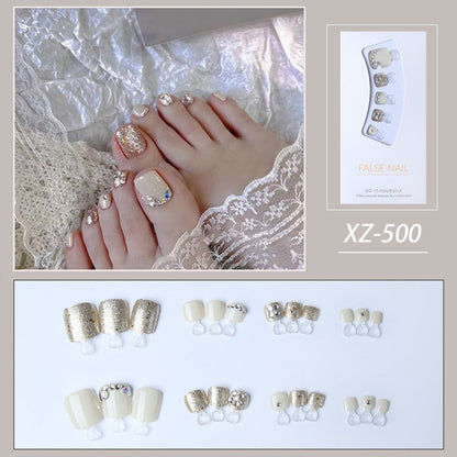 New 2022 Summer Gold Full Diamond Feet Nails Press On Fake Glitter Toe Nail Stickers Full Cover Toe Nail Tips False Foot Nails
