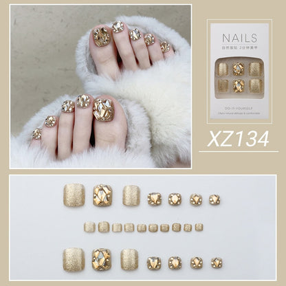 New 2022 Summer Gold Full Diamond Feet Nails Press On Fake Glitter Toe Nail Stickers Full Cover Toe Nail Tips False Foot Nails